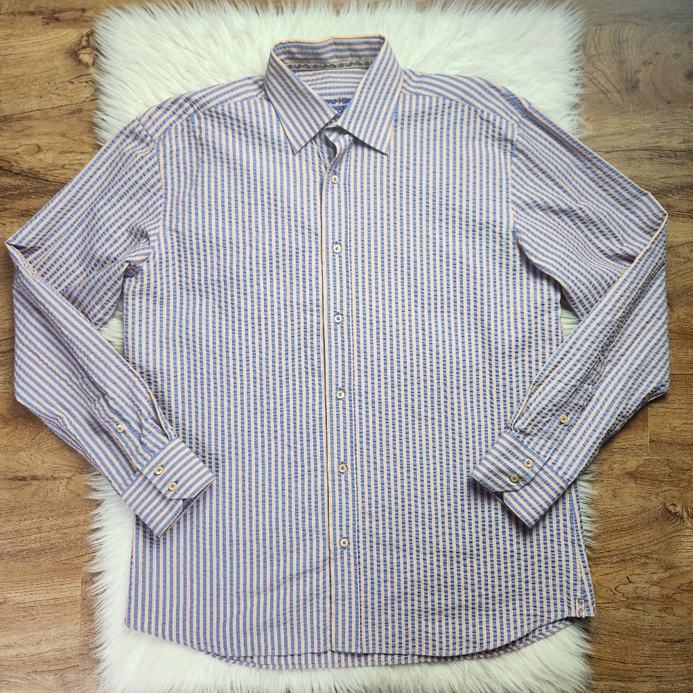 Luchiano Visconti Peach Blue Stripe Seersucker Shirt L